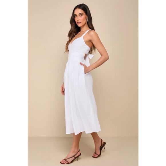 Lulus Strolling Sicily White Pleated Backless Midi Dress Pockets Open Back Sz L - Picture 1 of 5